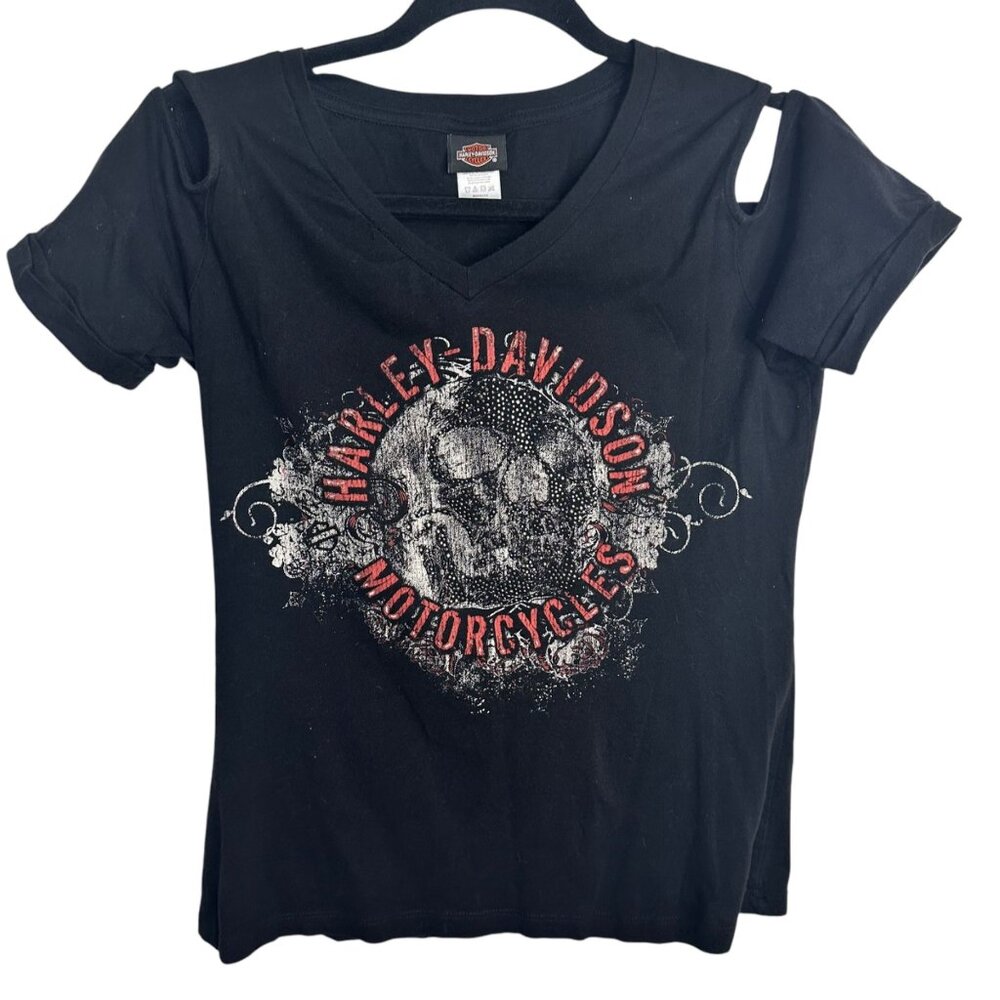 Harley-Davidson Distressed Open Shoulder T-Shirt‎ Black Skull Graphic Miami FL M